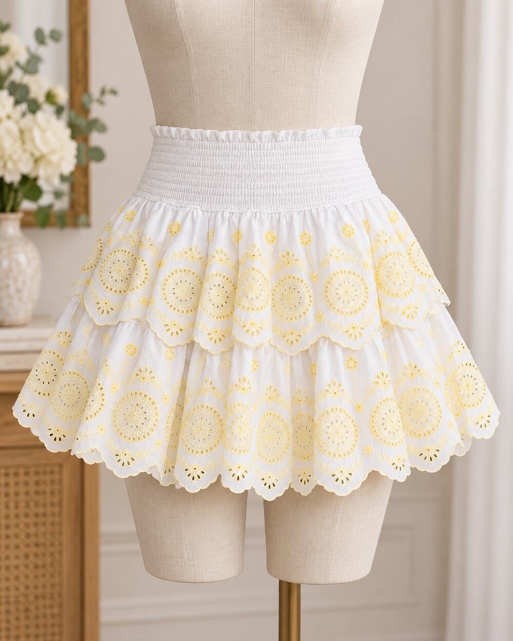 Francesca's Rene Eyelet Tiered Mini Skirt White Yellow Embroidered L
